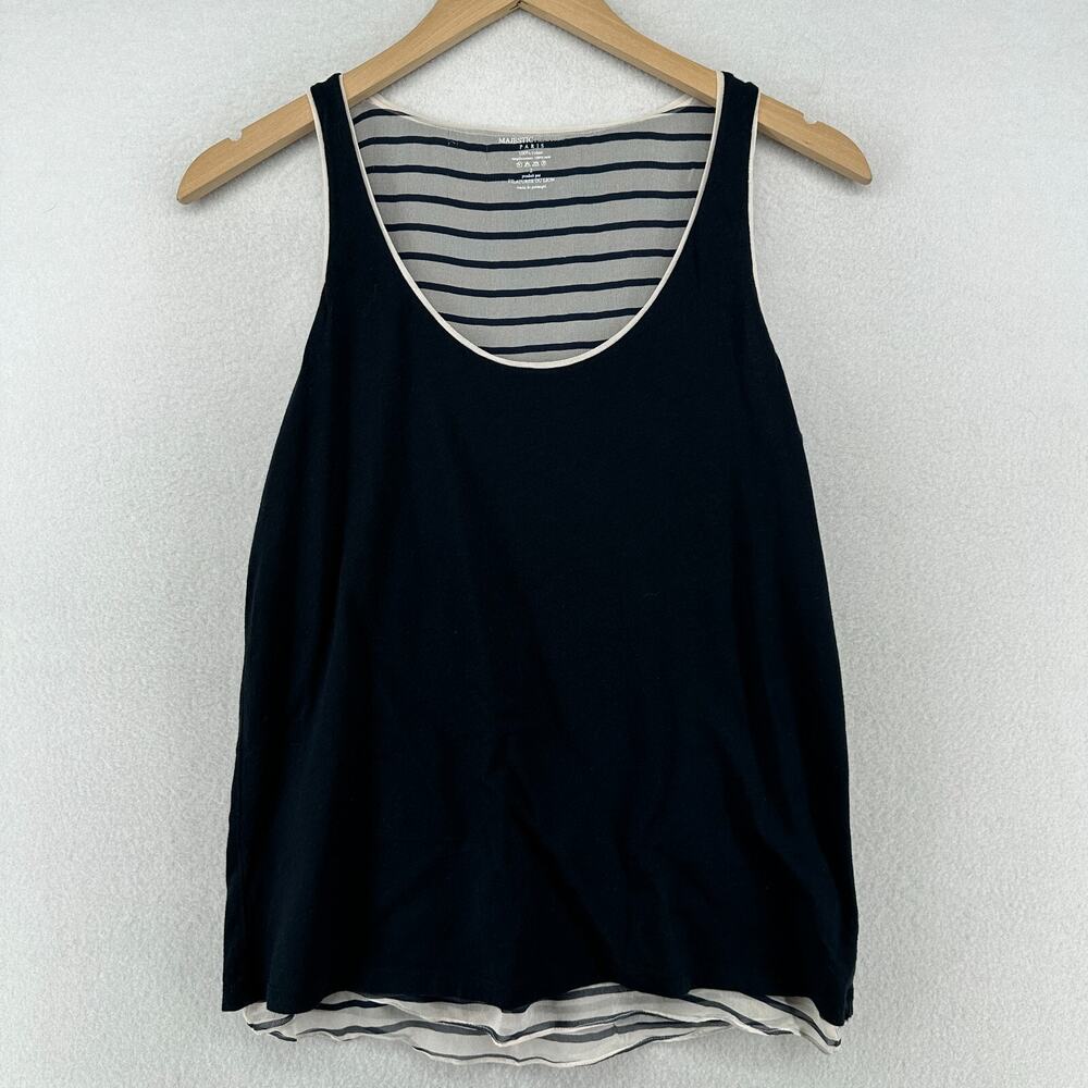 MAJESTIC Tank Top 2 XS FILATURES Double Layer Crepe Silk Striped Cotton Blue